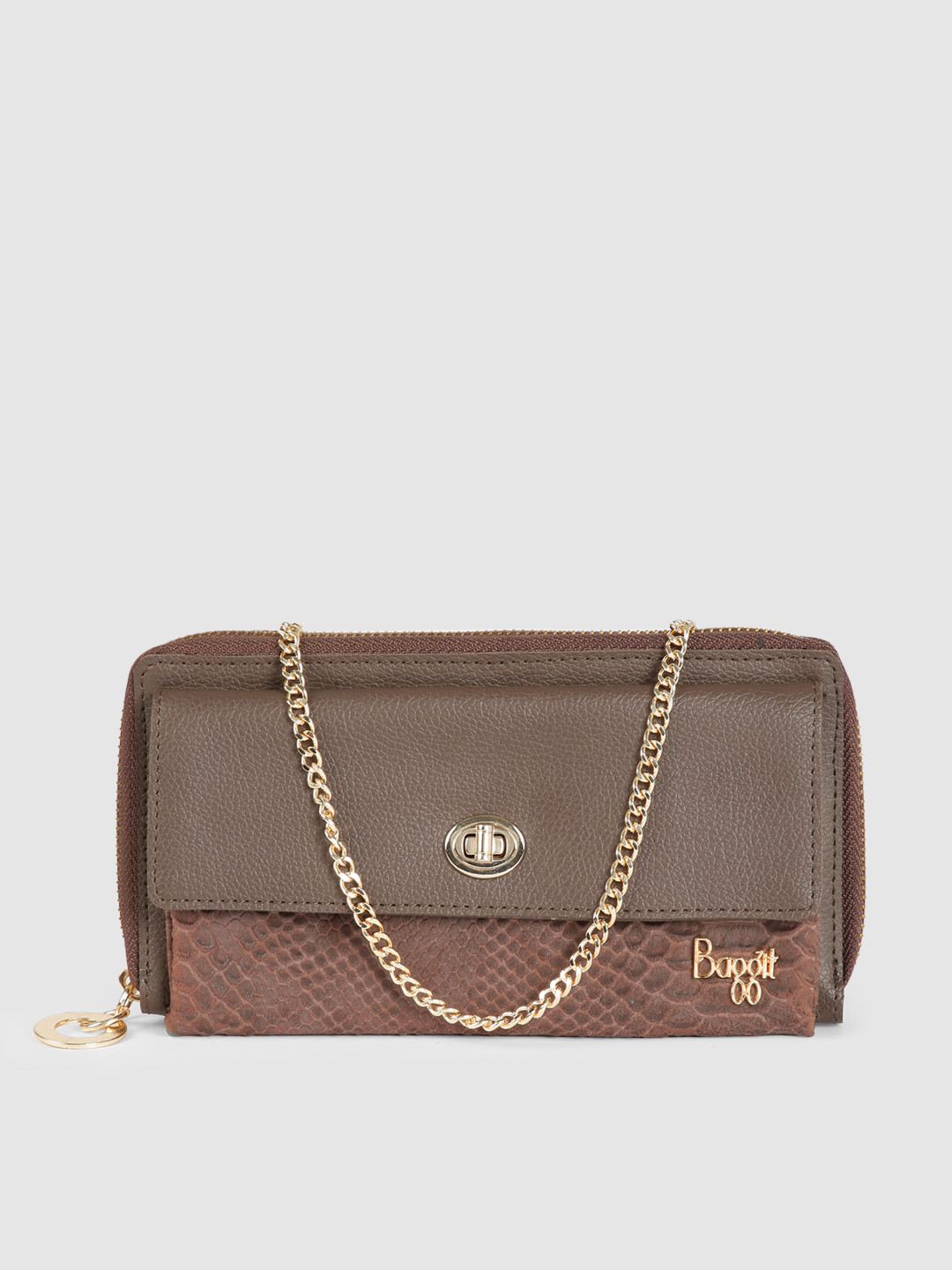 

Baggit Women Brown Animal Textured Synthetic Leather Zip Around Wallet with Sling Strap