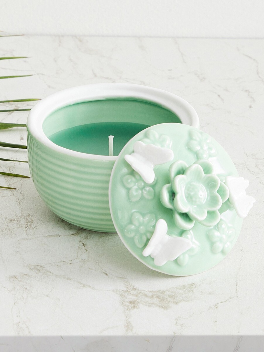 

Home Centre Green Textured Redolence Ceramic Jar Candle With Lid