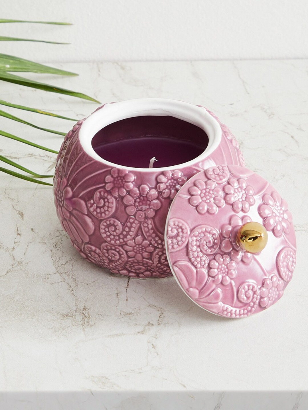 

Home Centre Pink Textured Ceramic Redolence Jar Candle With Lid