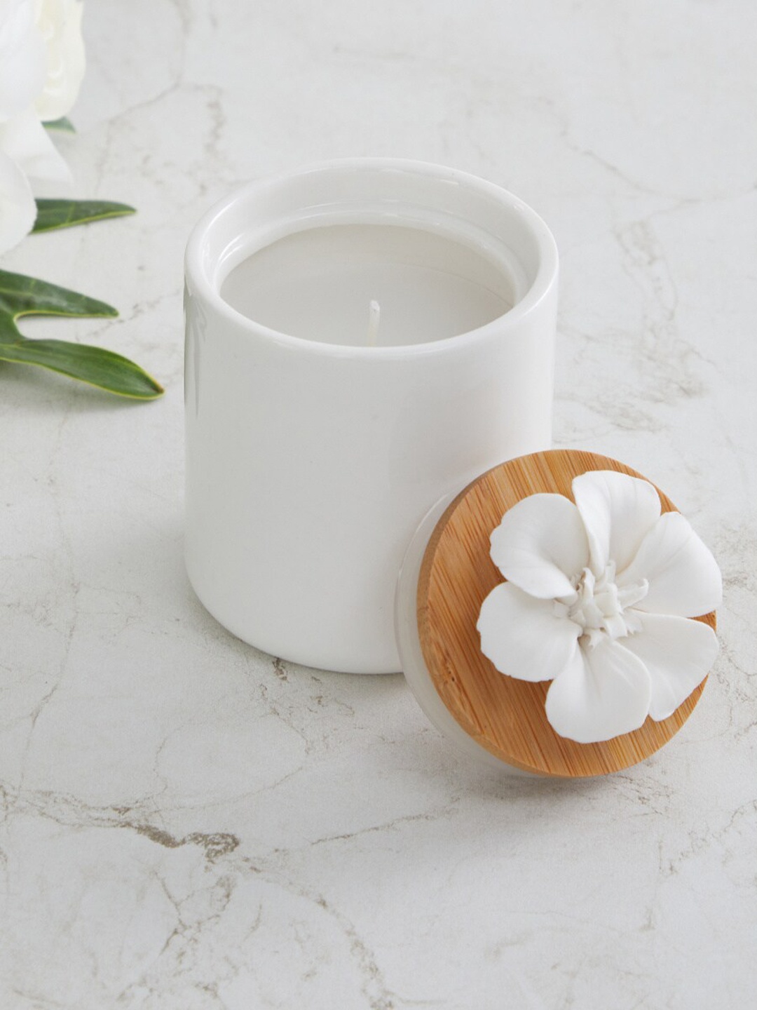 

Home Centre White Marshmallow Jar Candle With Amphora Flower Lid