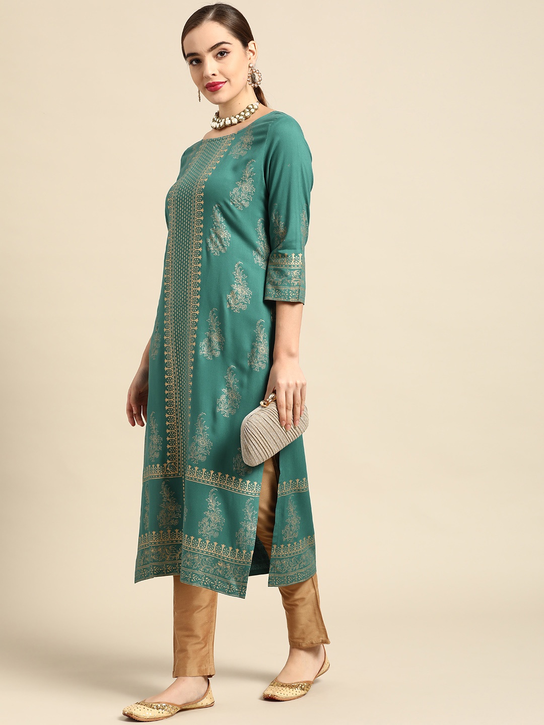 

Anouk Women Green & Golden Ethnic Motifs Printed Block Print Kurta