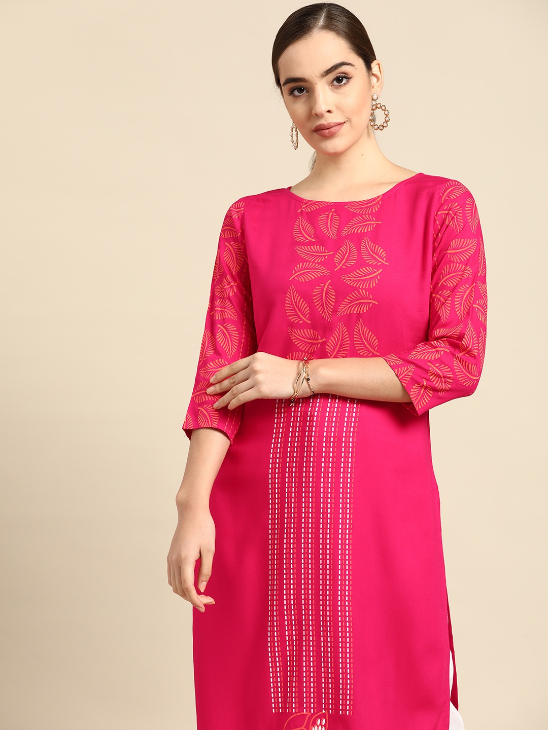 

Anouk Women Pink & Orange Block Print Straight Kurta