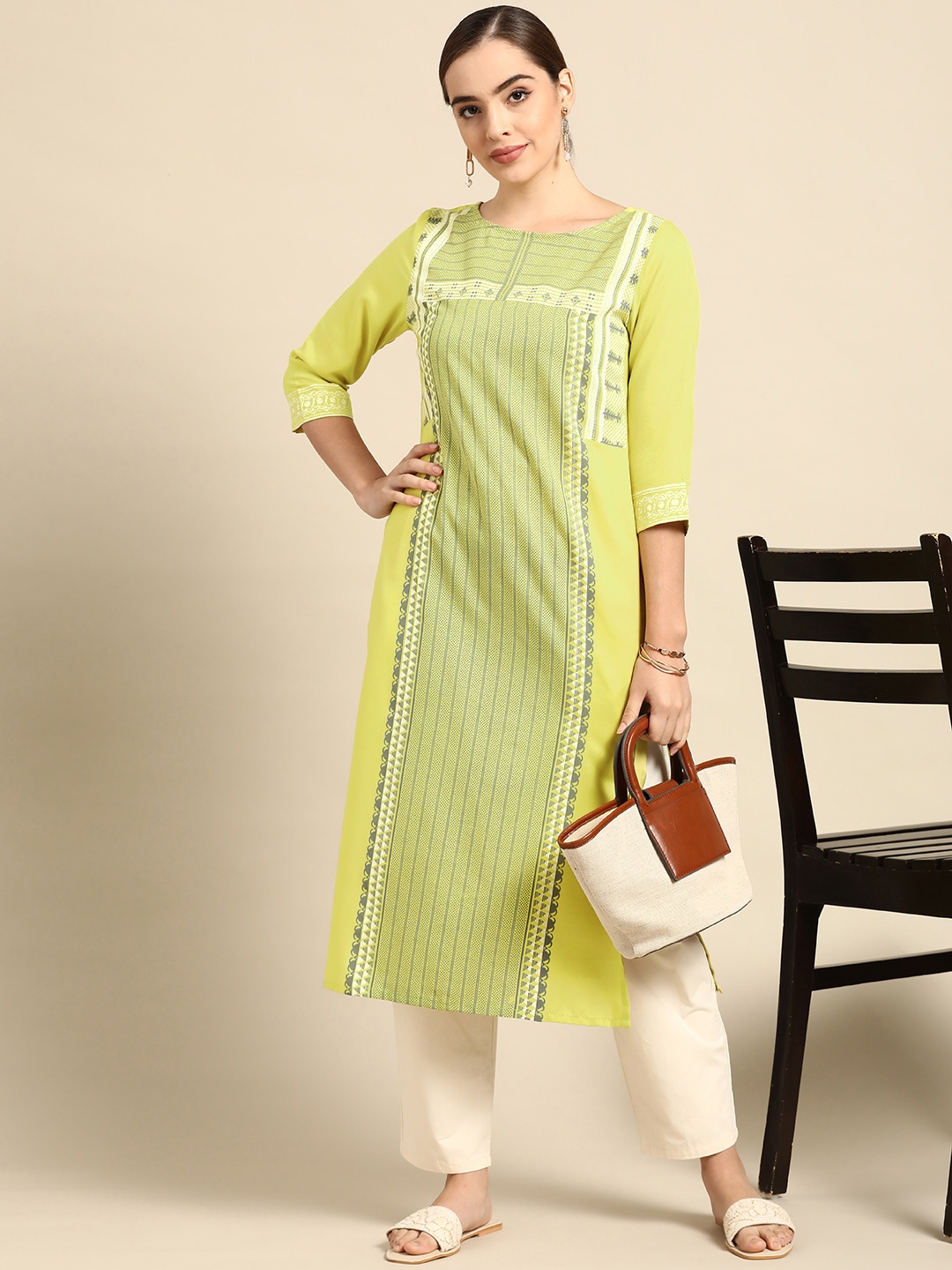 

Anouk Women Green & Grey Ethnic Motifs Printed Block Print Kurta