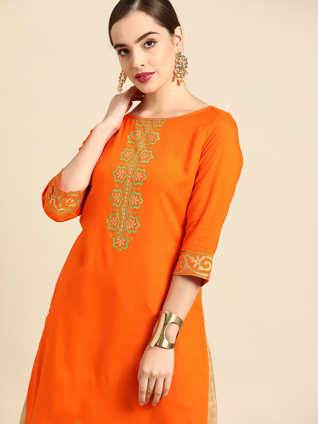 

Anouk Women Orange & Green Block Print Straight Kurta