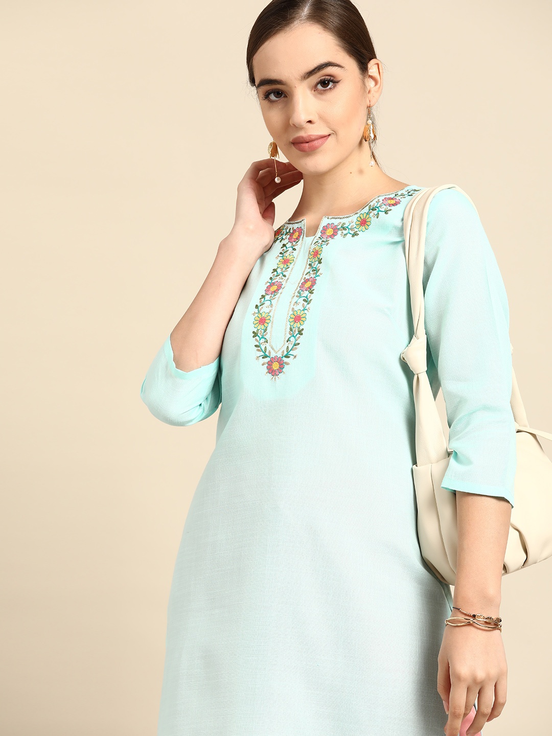 

Anouk Women Blue & Pink Ethnic Motifs Yoke Design Cotton Linen Kurta