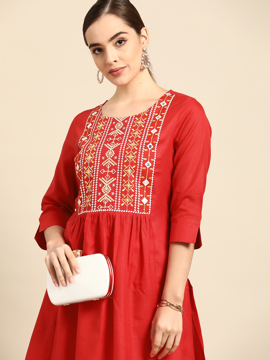 

Anouk Women Red Ethnic Motifs Yoke Design Mirror Work Kurta
