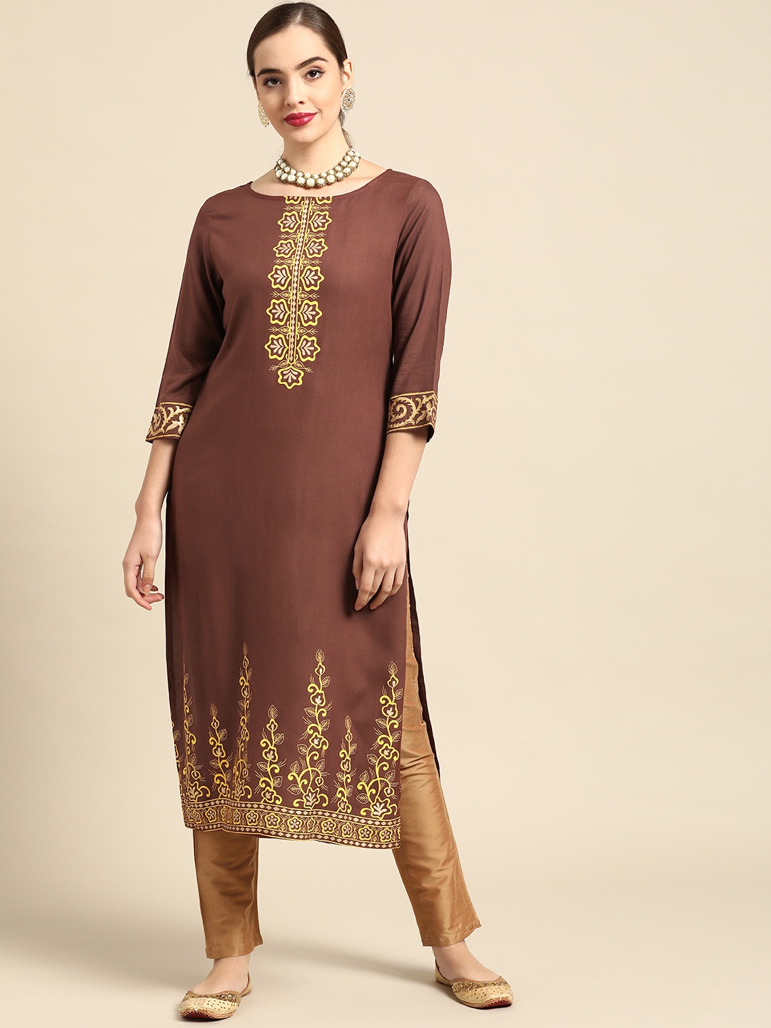 

Anouk Women Brown & Yellow Ethnic Motifs Yoke Design Block Print Kurta