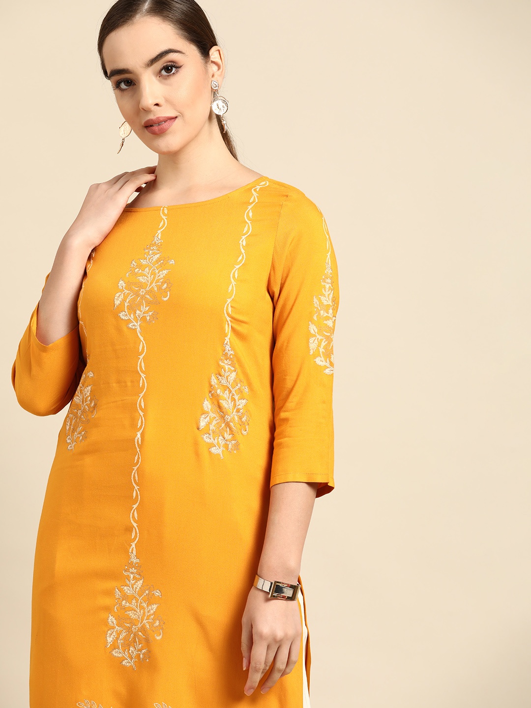 

Anouk Women Mustard Yellow Block Print Straight Kurta