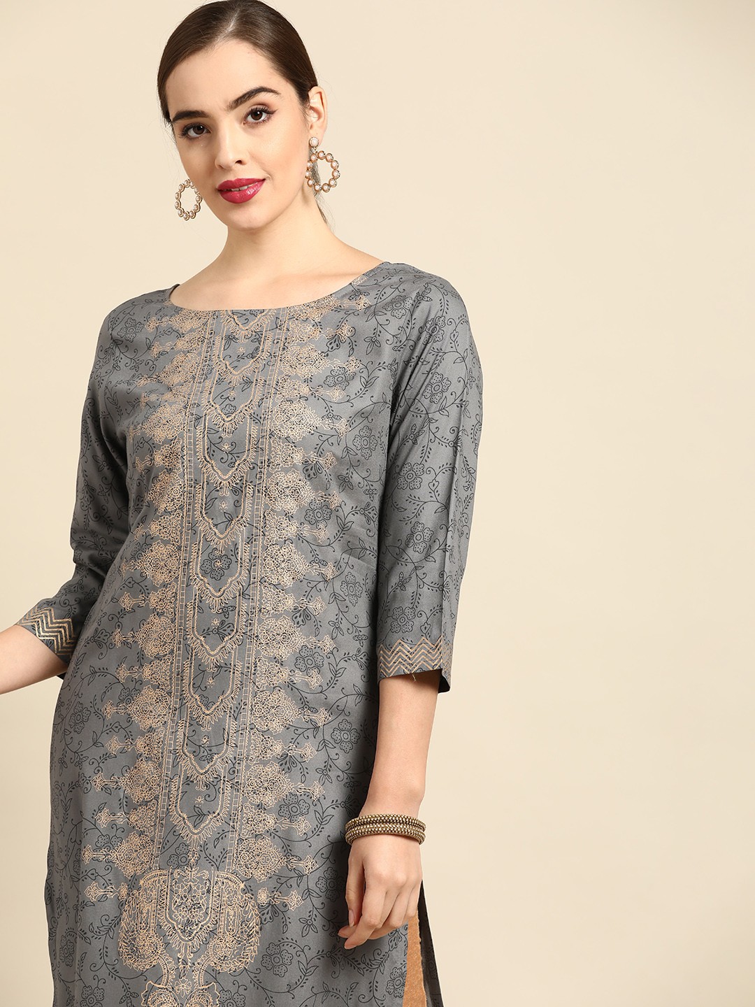 

Anouk Women Grey & Golden Block Print Straight Kurta