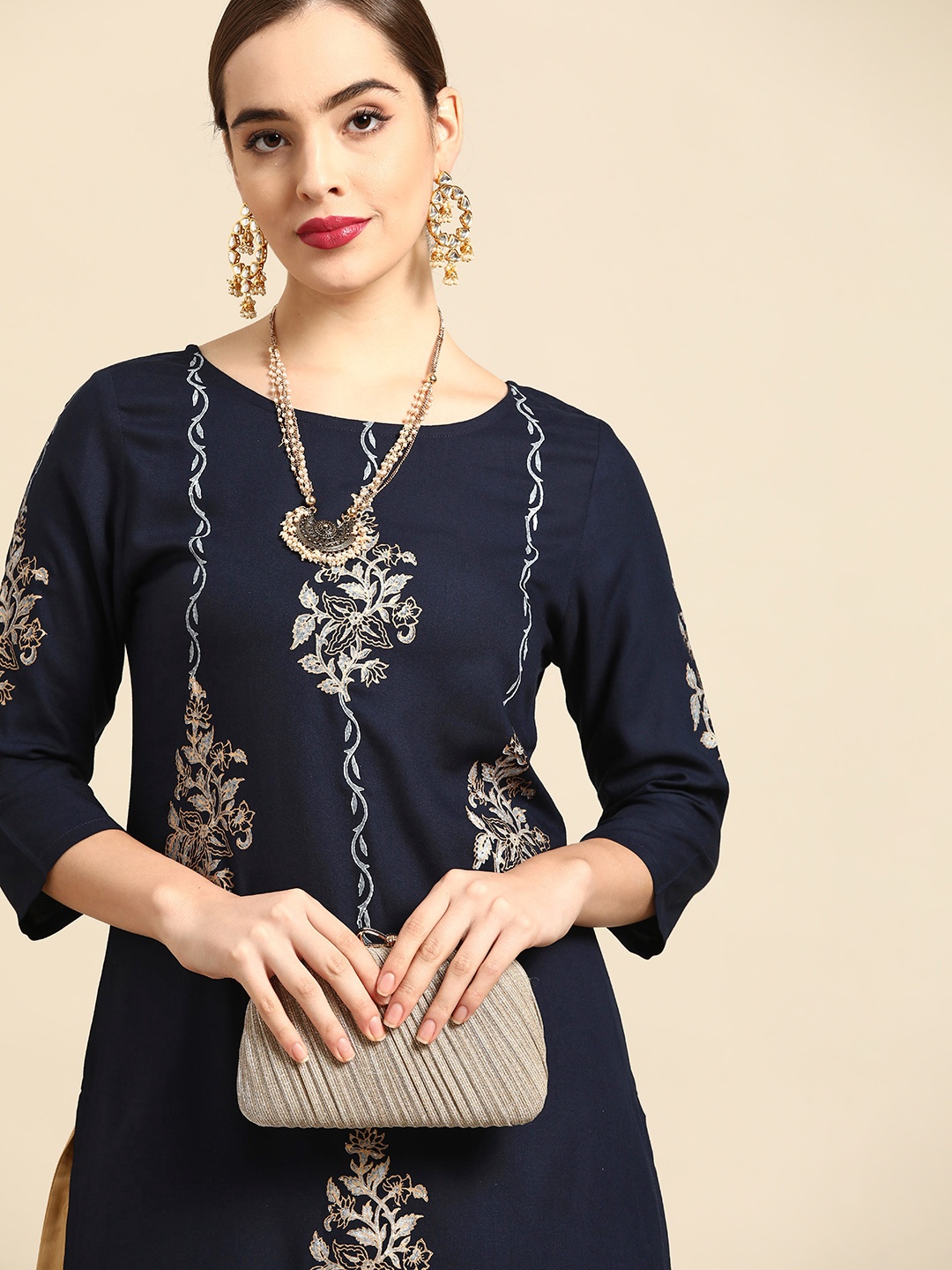 

Anouk Women Navy Blue & Gold-Toned Ethnic Motifs Printed Block Print Kurta