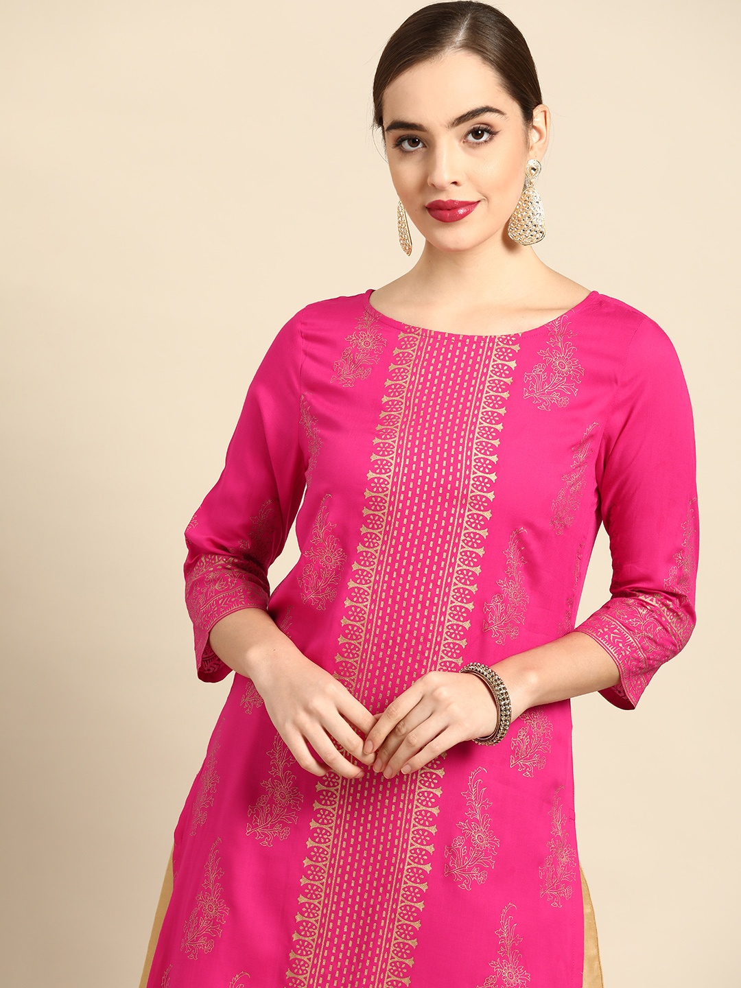 

Anouk Women Pink Block Print Straight Kurta