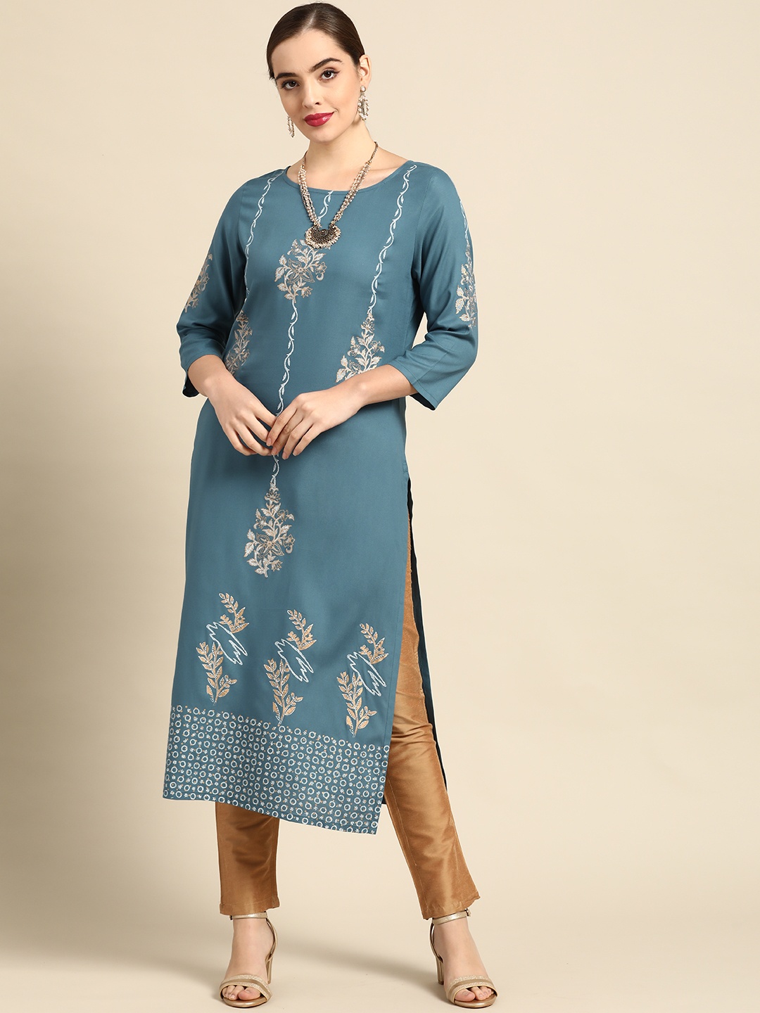 

Anouk Women Teal Blue & White Ethnic Motifs Printed Block Print Kurta