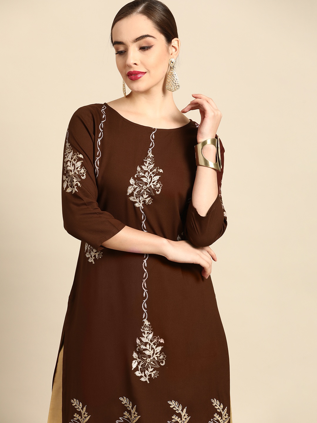 

Anouk Women Brown Block Print Straight Kurta