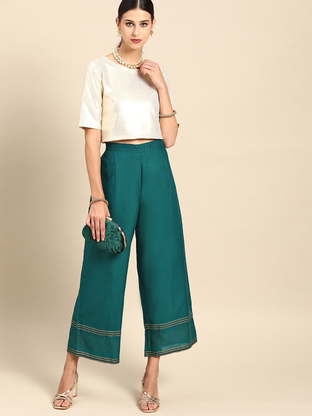

Anouk Women Green & Gold Floral Foil Hem Design Pleated Detail Cropped Palazzos