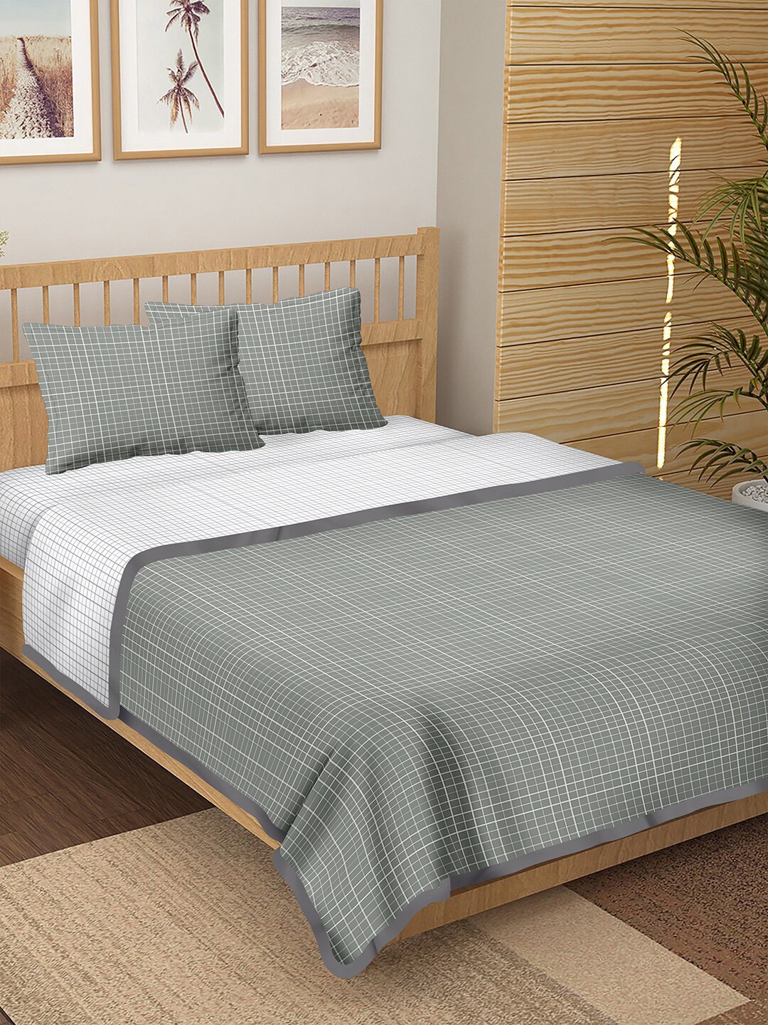 

BELLA CASA Grey & White Checked Double King Cotton Bedsheet With Pillow Covers & Dohar
