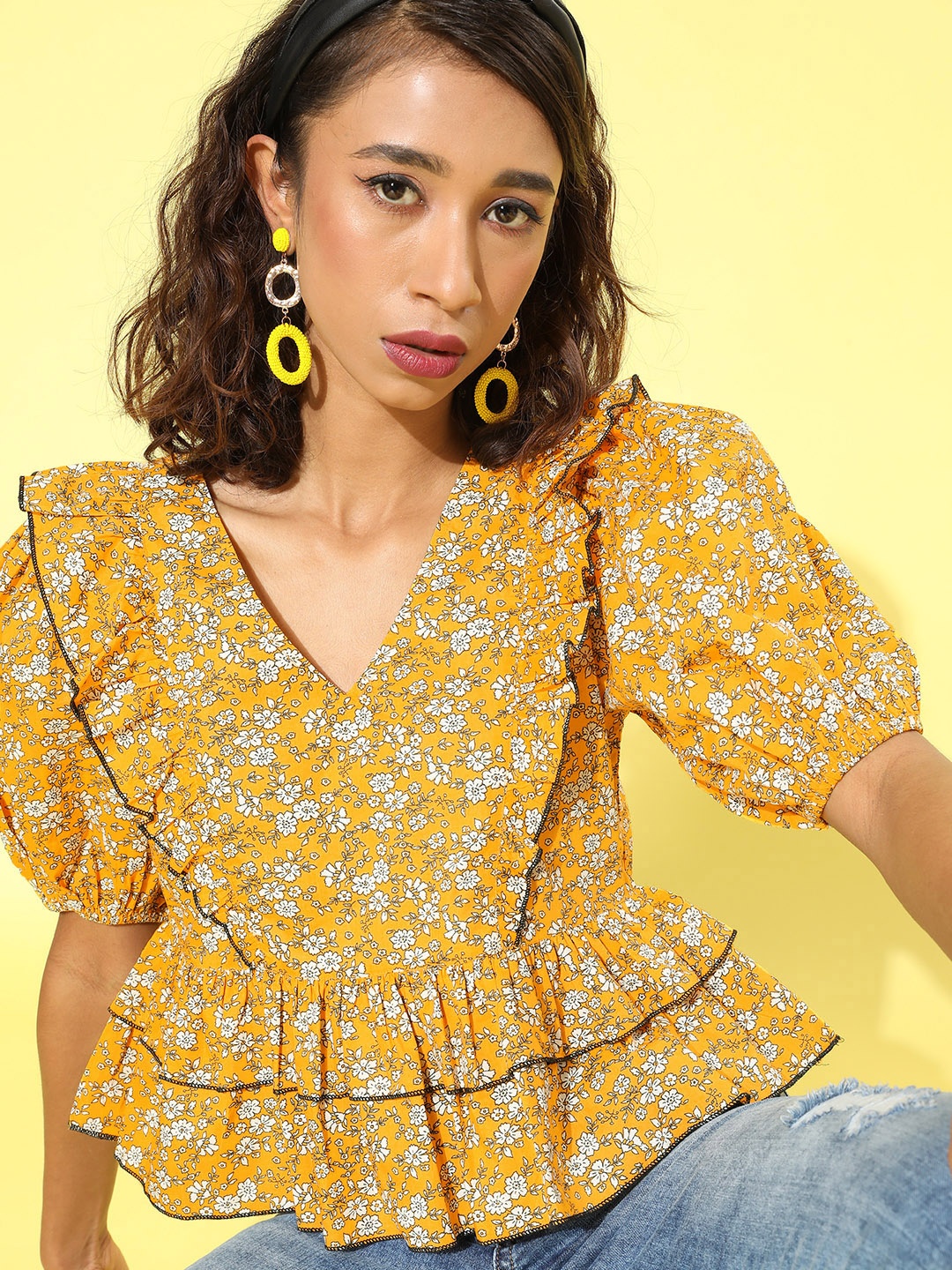 

Antheaa Women Bright Yellow Floral Top