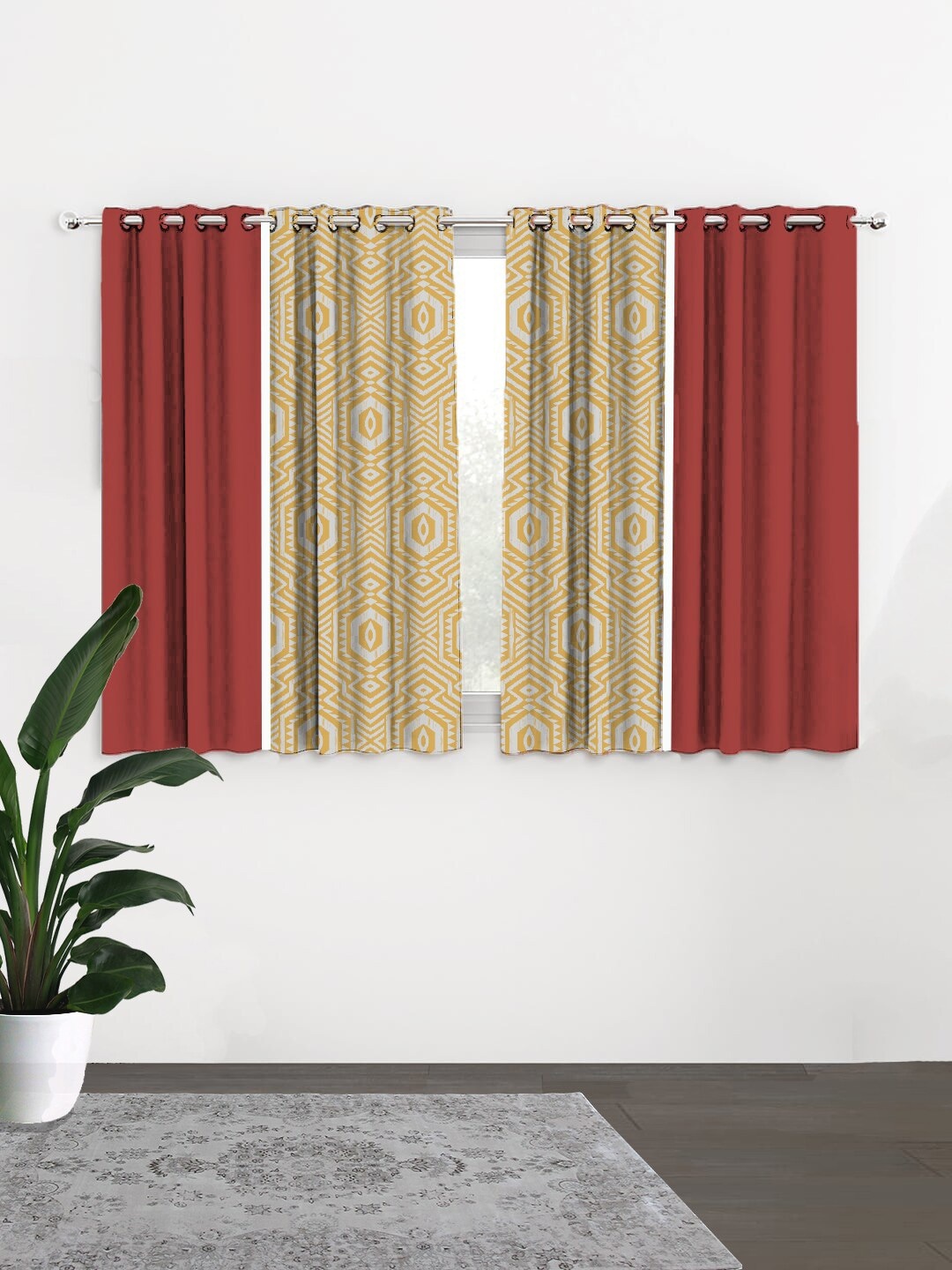 

HOUZZCODE Yellow & Maroon Set of 4 Geometric Black Out Window Curtain