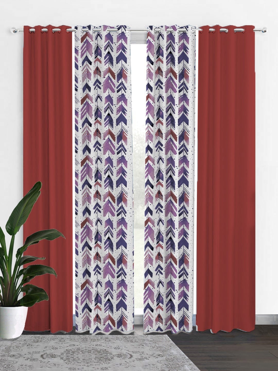 

HOUZZCODE Maroon & White Set of 4 Black Out Door Curtain