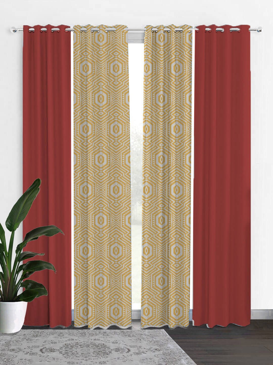 

HOUZZCODE Mustard Yellow & Maroon Set of 4 Geometric Black Out Door Curtain