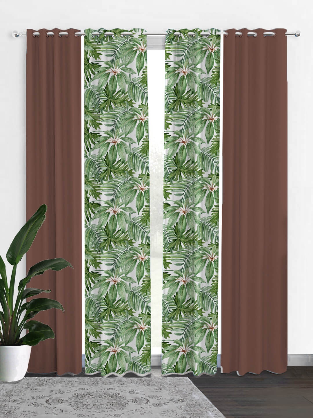 

HOUZZCODE Green & Brown Set of 4 Floral Black Out Door Curtain