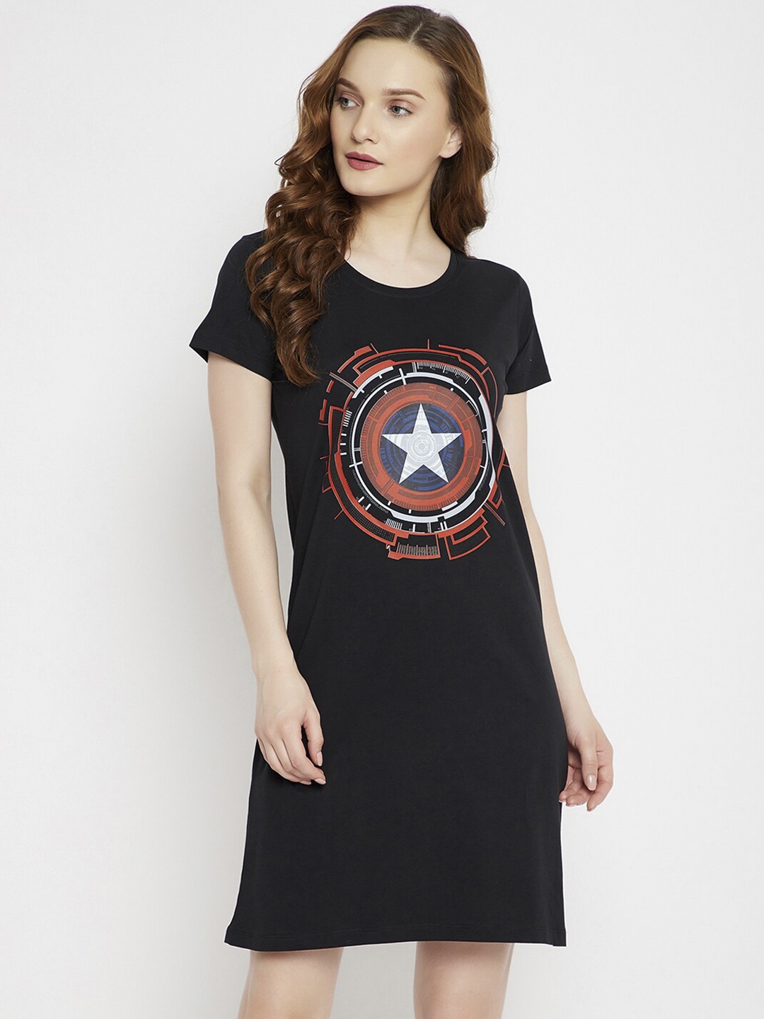 

Marvel by Wear Your Mind Women Black & Red Captain America Printed Pure Cotton Sleep Shirt