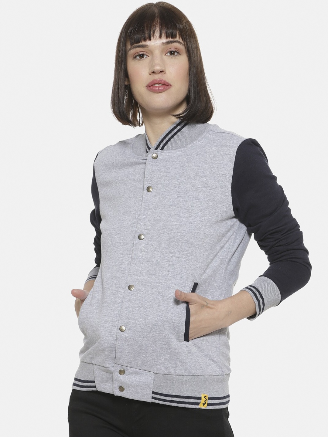 

Campus Sutra Women Grey and Charcoal Colourblocked Bomber Jacket