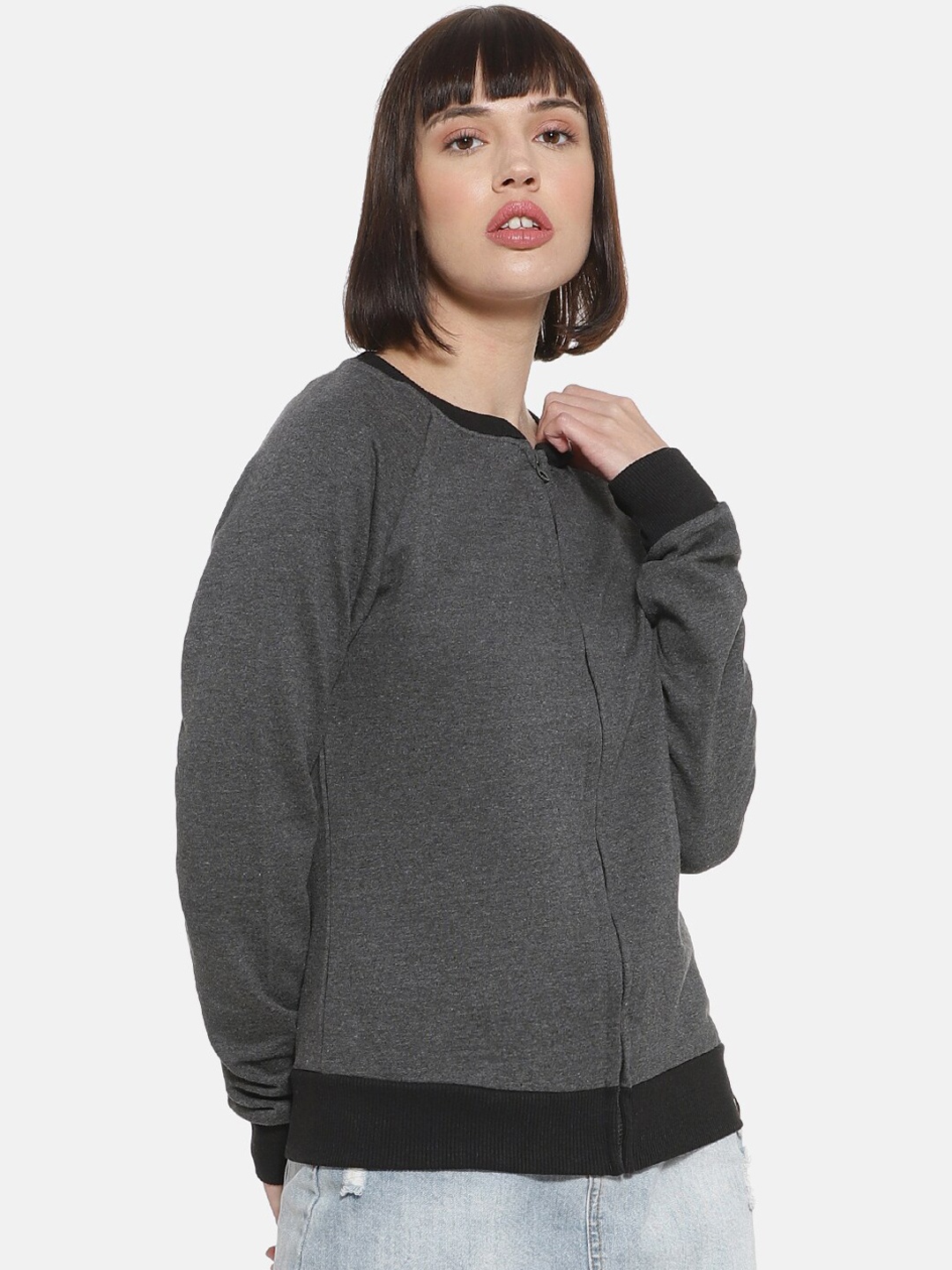 

Campus Sutra Women Charcoal Grey and Black Solid Long Sleeves Casual Sweatshirt