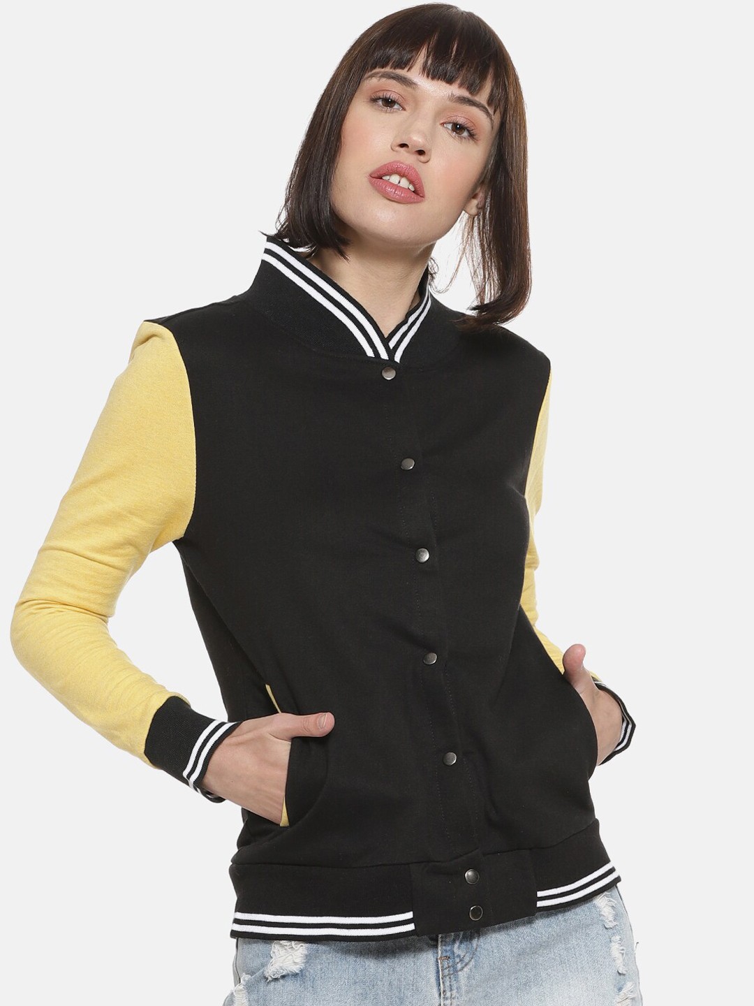 

Campus Sutra Women Black & Yellow Colourblocked Bomber Jacket