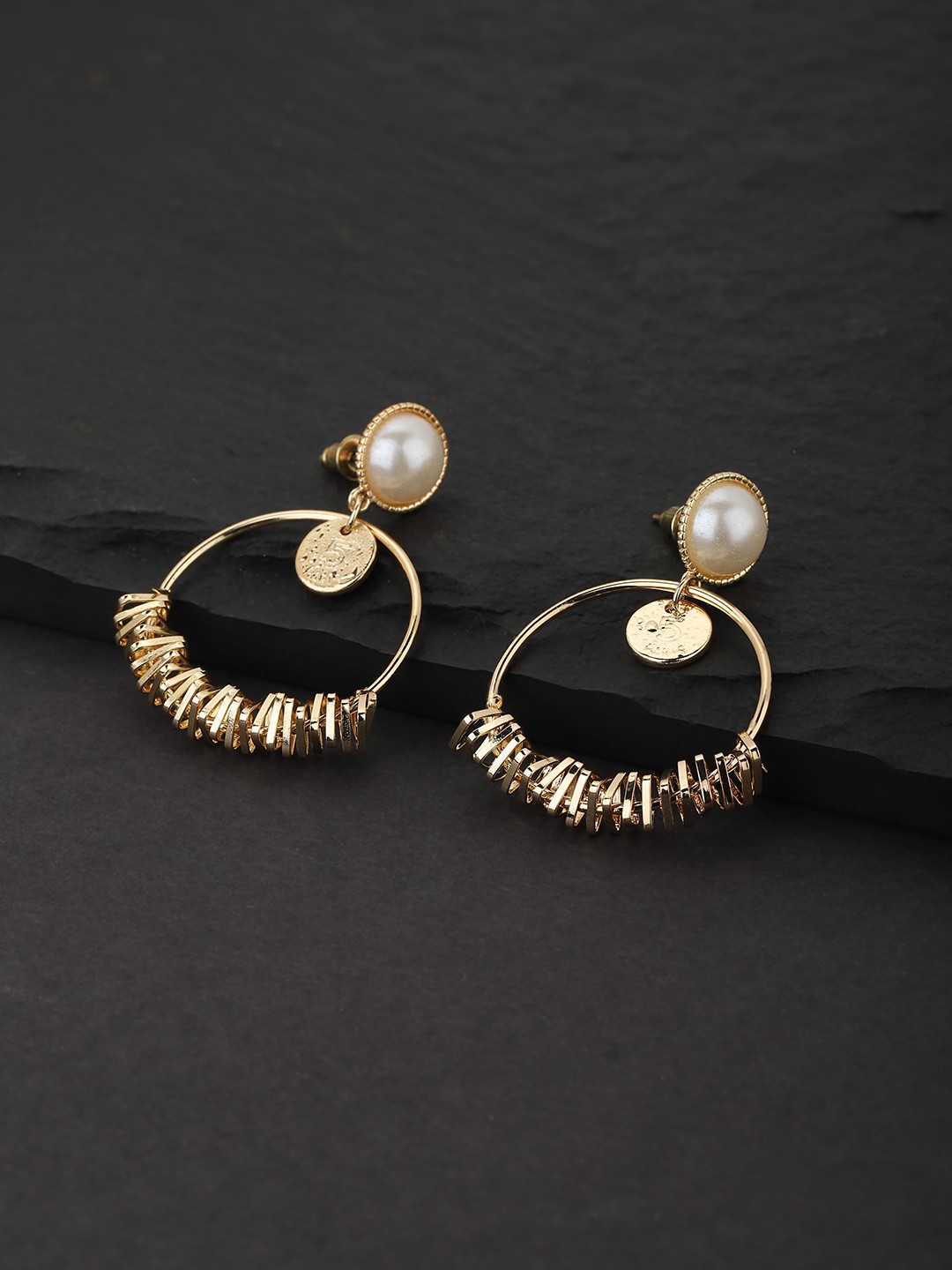 

Carlton London Off-White Gold-Plated Beaded Circular Drop Earrings