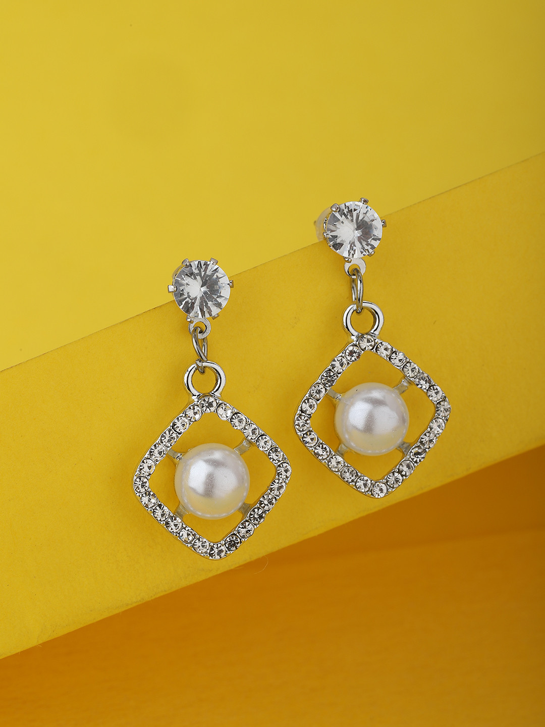 

Carlton London Silver-Toned & White Rhodium-Plated Studded Diamond Shaped Drop Earrings