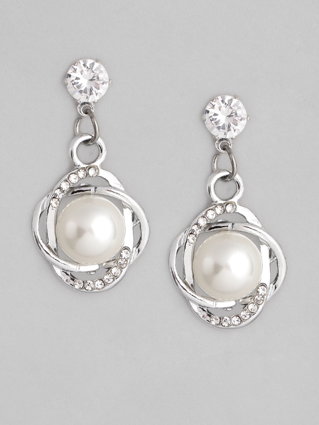 

Carlton London Silver-Toned & Off-White Rhodium-Plated Beaded Contemporary Drop Earrings