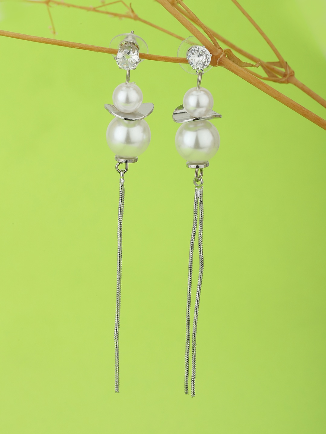 

Carlton London Silver-Toned & Off White Rhodium-Plated Beaded Spherical Drop Earrings