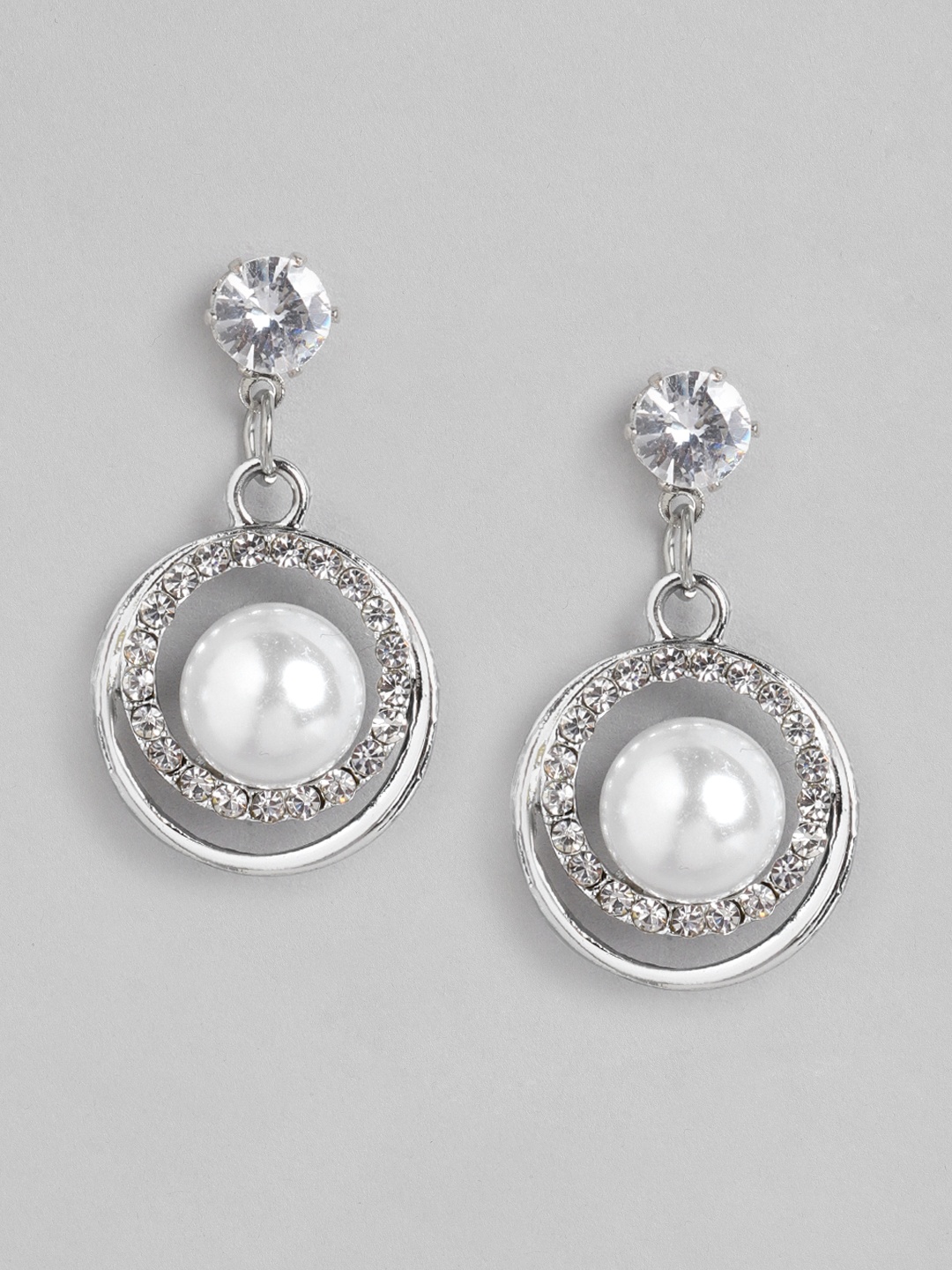 

Carlton London Silver-Toned & Off-White Rhodium-Plated Beaded Circular Drop Earrings