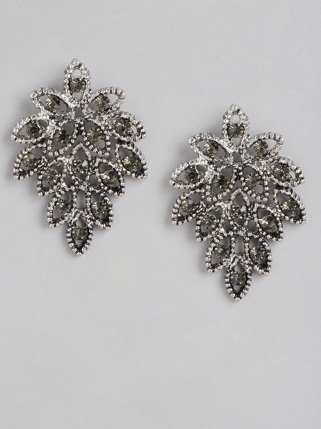 

Carlton London Silver-Toned & Black Rhodium-Plated Oxidised Studded Floral Drop Earrings