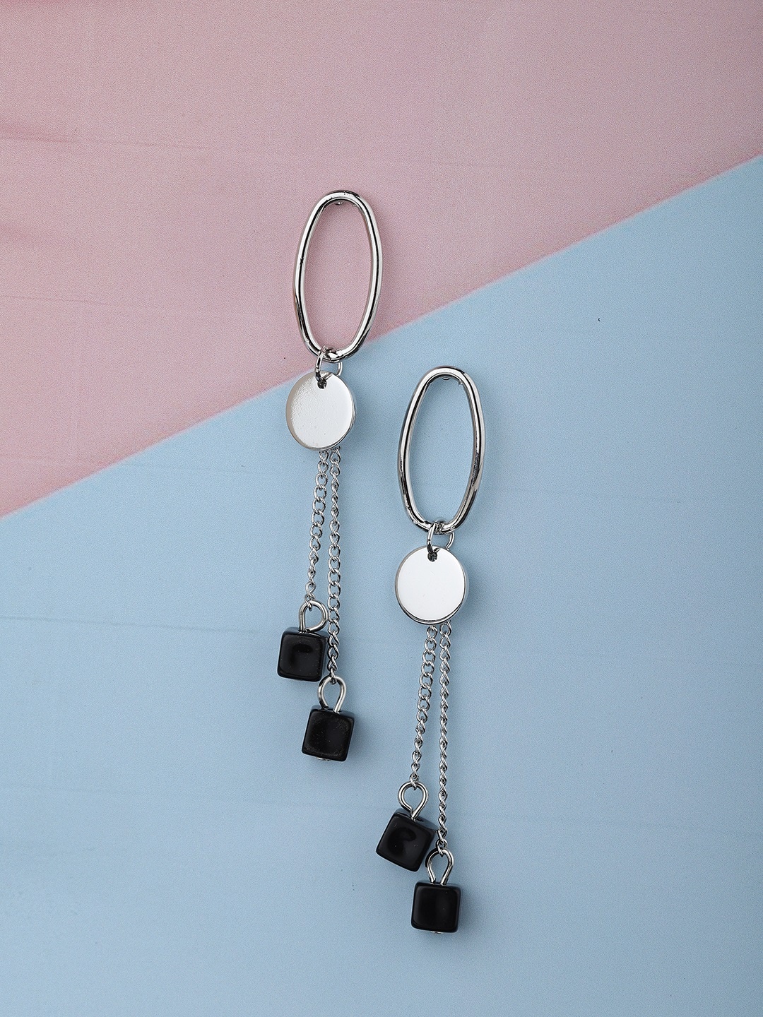 

Carlton London Black & Silver-Toned Rhodium-Plated Contemporary Drop Earrings