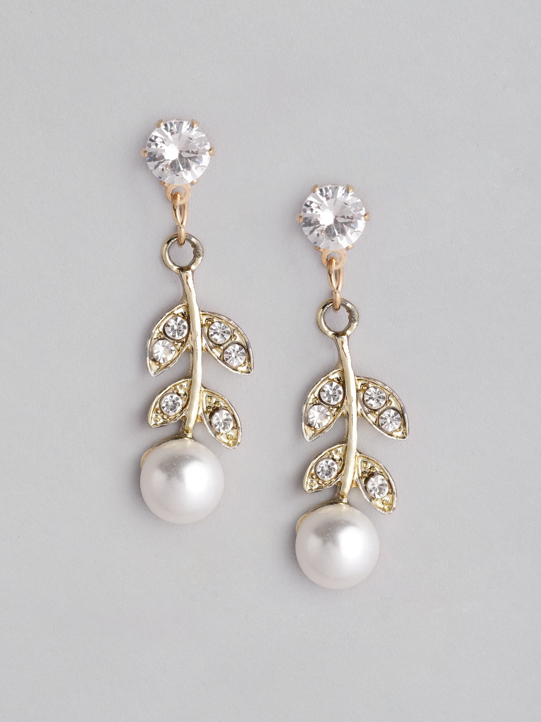 

Carlton London Off White Gold-Plated Studded & Beaded Leaf Shaped Drop Earrings