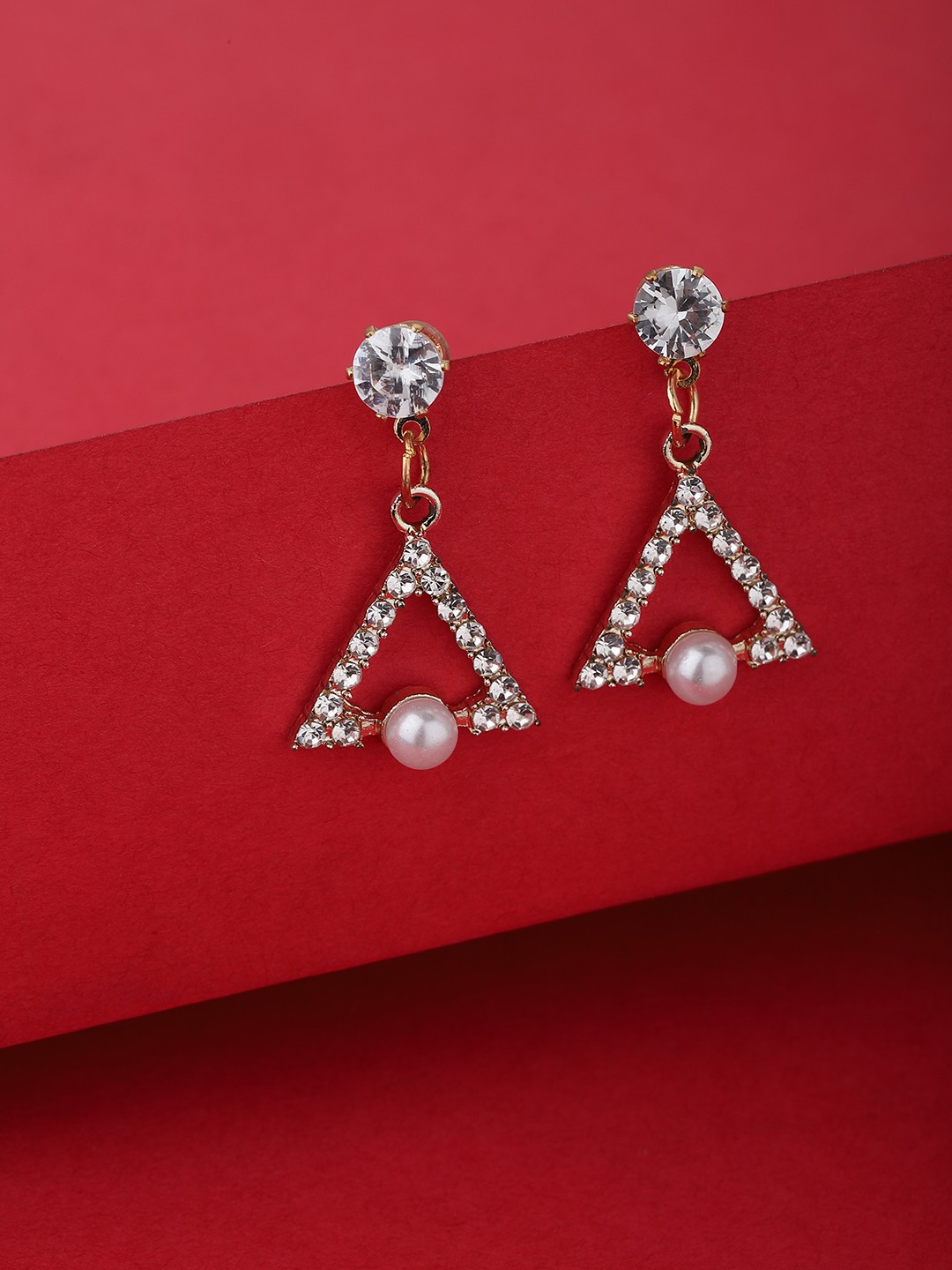 

Carlton London Off-White Gold-Plated Stone-Studded Beaded Triangular Drop Earrings