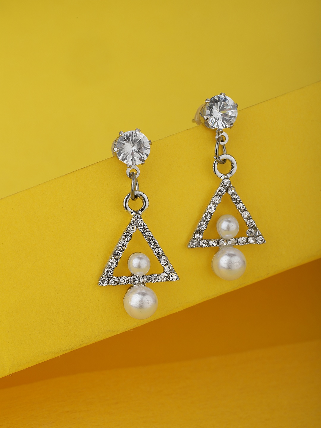 

Carlton London Silver-Toned & White Rhodium-Plated Studded & Beaded Drop Earrings