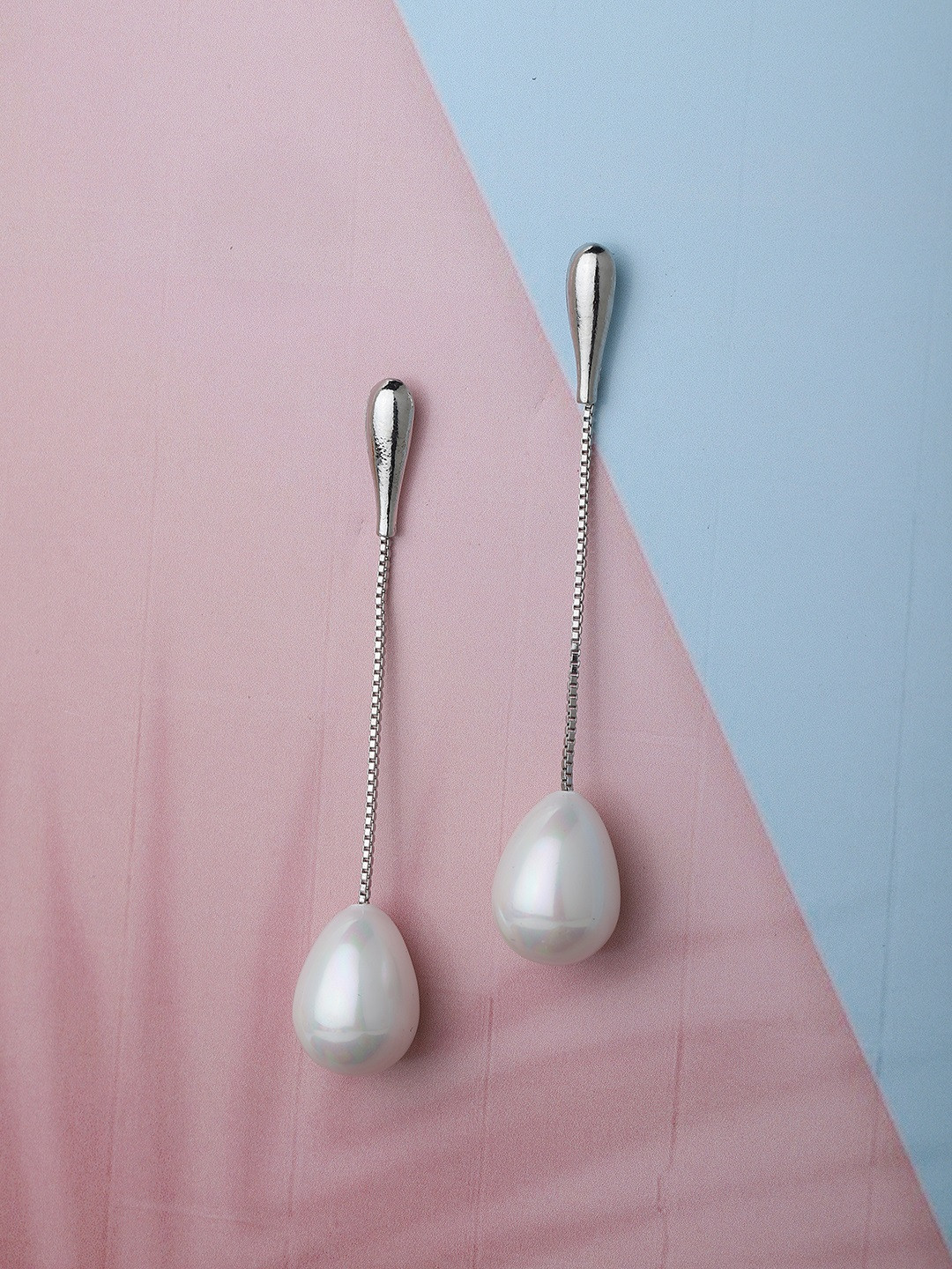 

Carlton London Silver-Toned & Off-White Rhodium-Plated Beaded Contemporary Drop Earrings