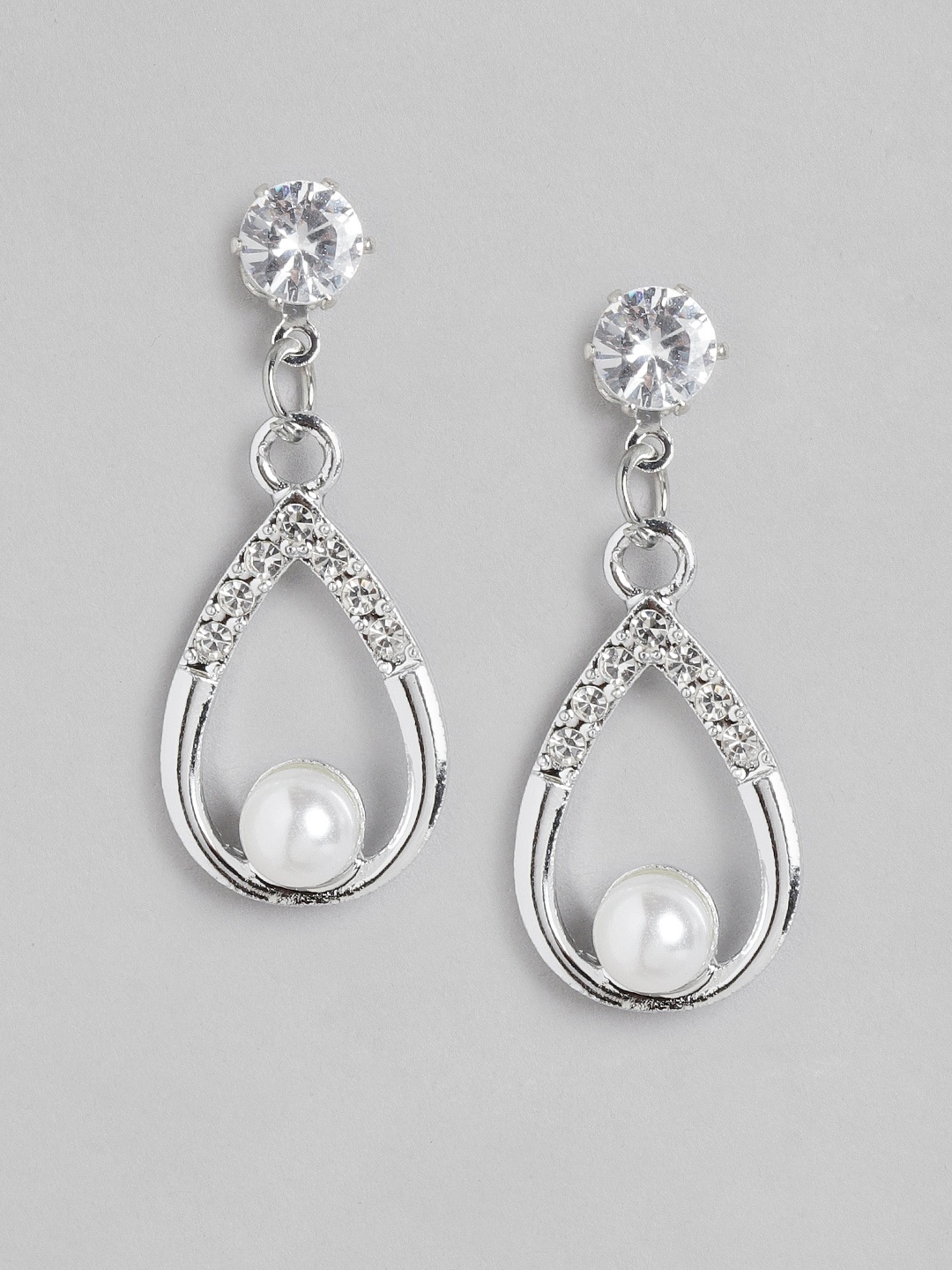 

Carlton London Silver-Toned Rhodium-Plated Studded & Beaded Teardrop Shaped Drop Earrings