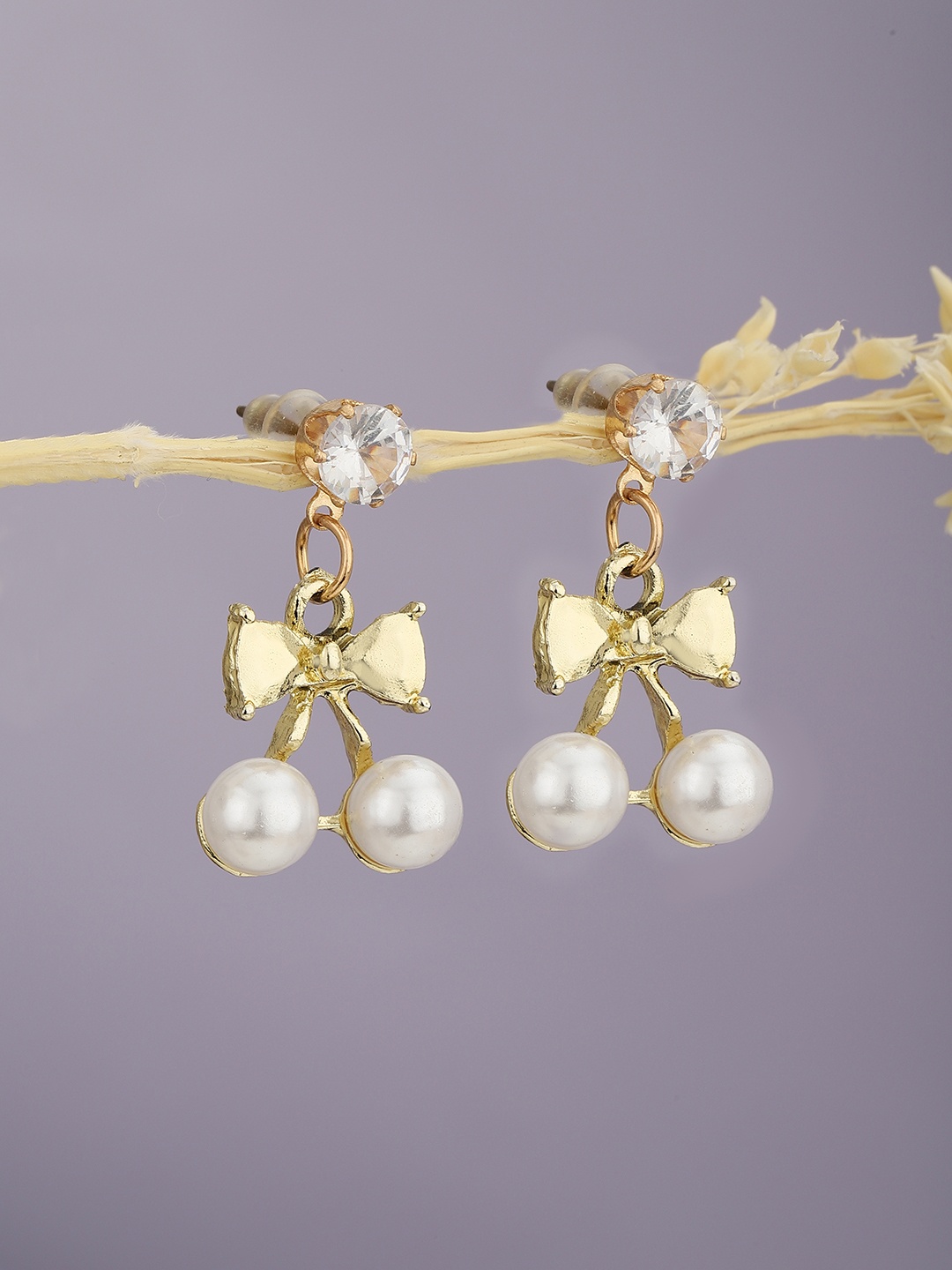

Carlton London White Gold-Plated Studded & Beaded Bow Shaped Drop Earrings