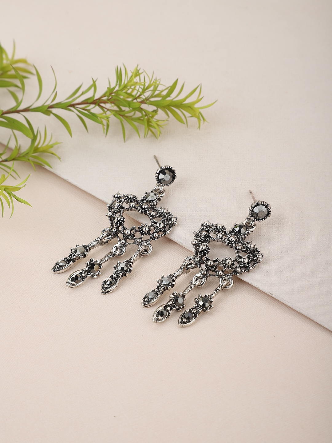 

Carlton London Silver-Toned Rhodium-Plated Oxidised Studded Heart Shaped Drop Earrings