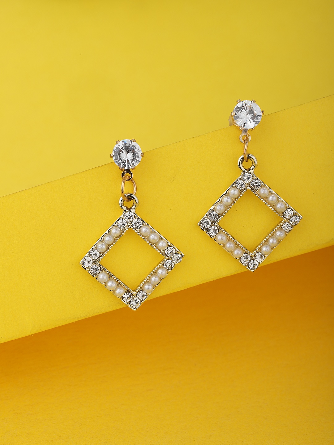 

Carlton London Off-White Gold-Plated Stone-Studded Beaded Diamond Shaped Drop Earrings