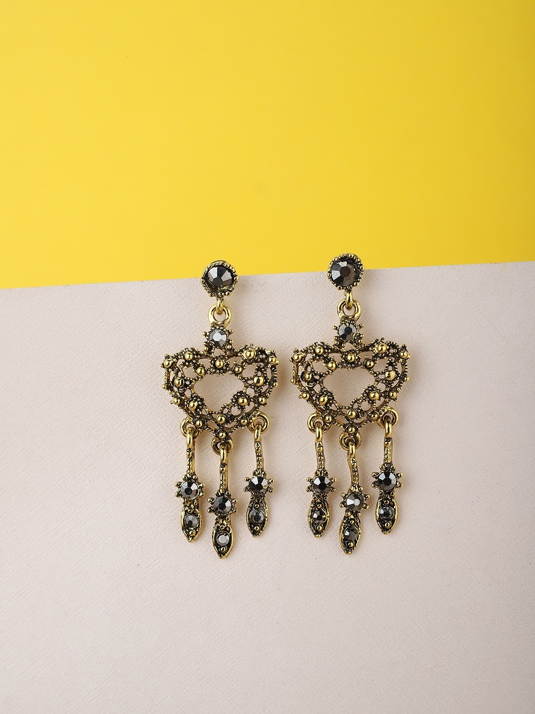 

Carlton London Charcoal Grey Antique Gold-Plated Stone-Studded Classic Drop Earrings
