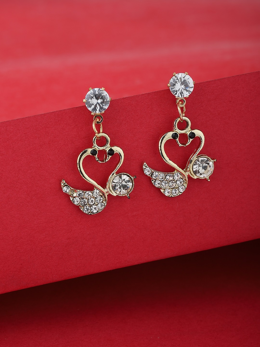

Carlton London Gold-Plated Studded Swan Shaped Drop Earrings