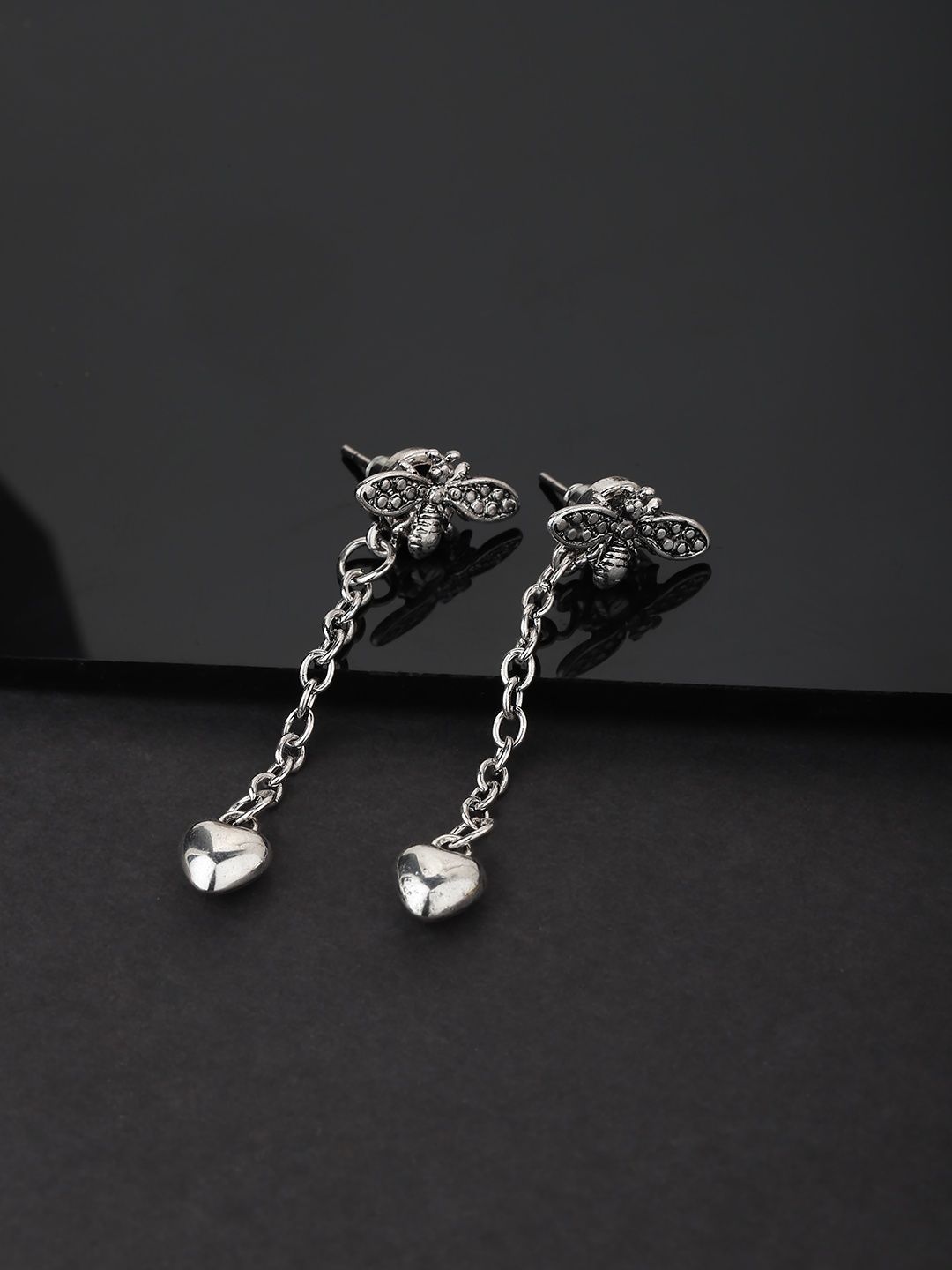 

Carlton London Silver-Toned Rhodium-Plated Oxidised Drop Earrings with Detachable Chain