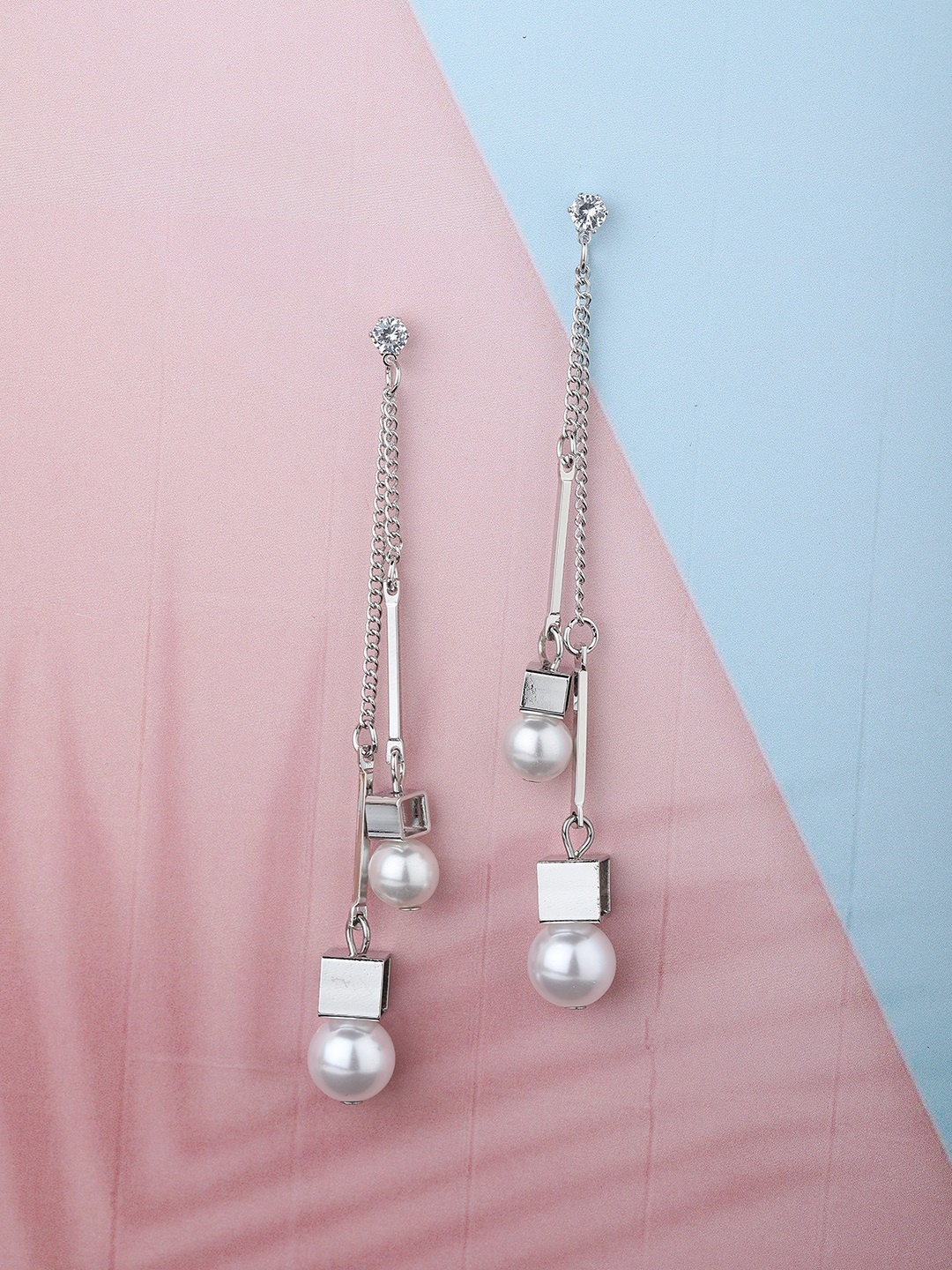 

Carlton London Silver-Toned & Off-White Rhodium-Plated Beaded Contemporary Drop Earrings