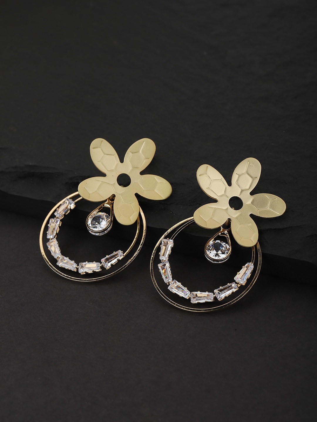 

Carlton London Gold-Plated Studded Floral Shaped Drop Earrings