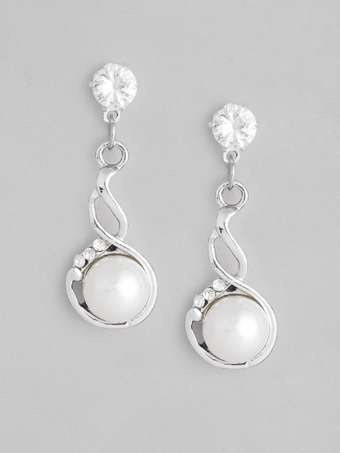 

Carlton London Silver-Toned & Off-White Rhodium-Plated Beaded Contemporary Drop Earrings