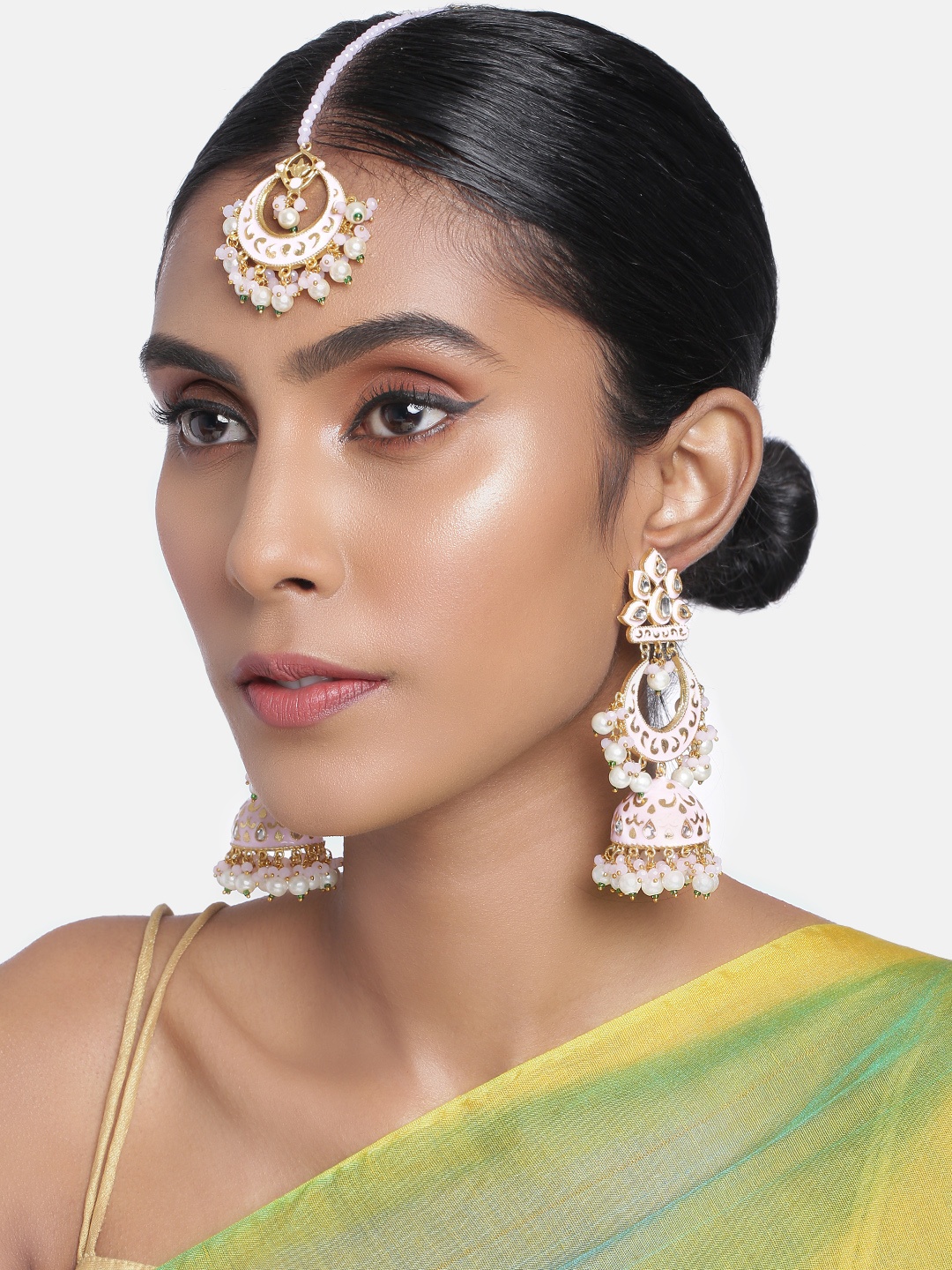 

Peora Pink & White Gold-Plated Pearls Meenakari Jewellery Set